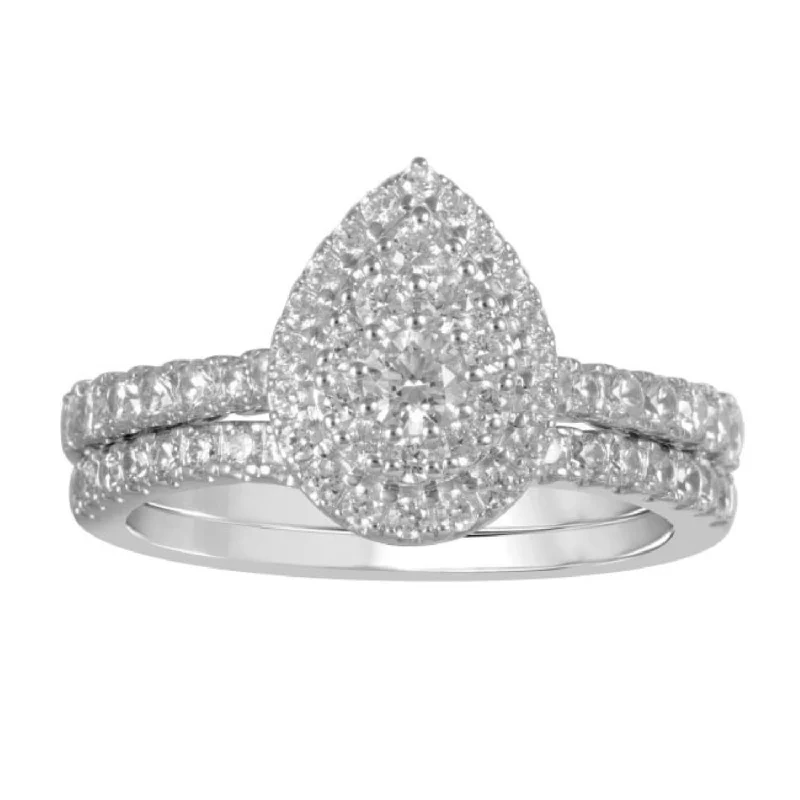 Curled rim ring-LoveSong EcoLove 1 CTW Lab Grown Diamond Cluster Bridal Set in 10KT White Gold