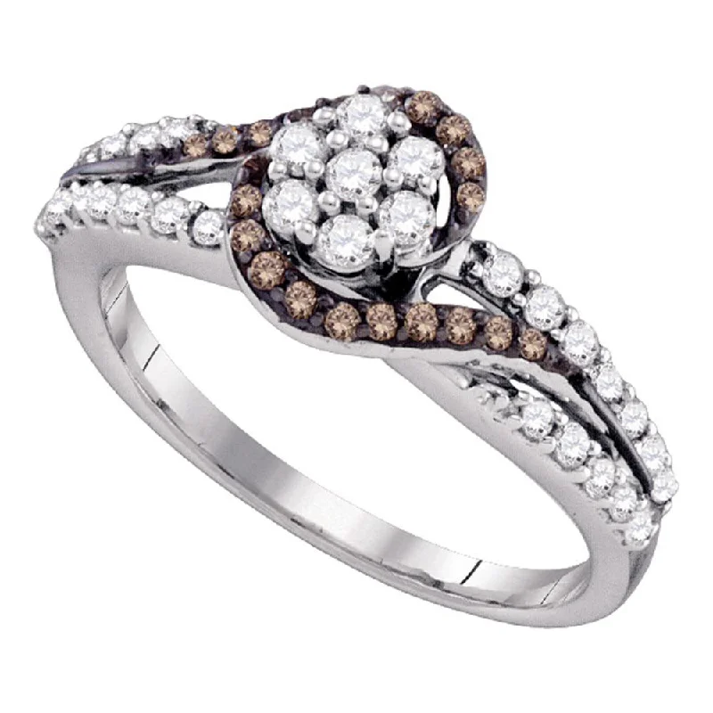 Tied knot ring-10k White Gold Brown Diamond Flower Cluster Bridal Ring 1/2 Cttw