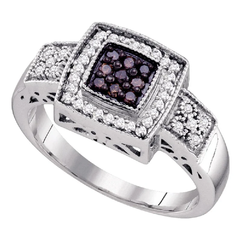 Glinting silver ring-10k White Gold Brown Round Diamond Womens Square-shape Cocktail Cluster Ring 1/3 Cttw