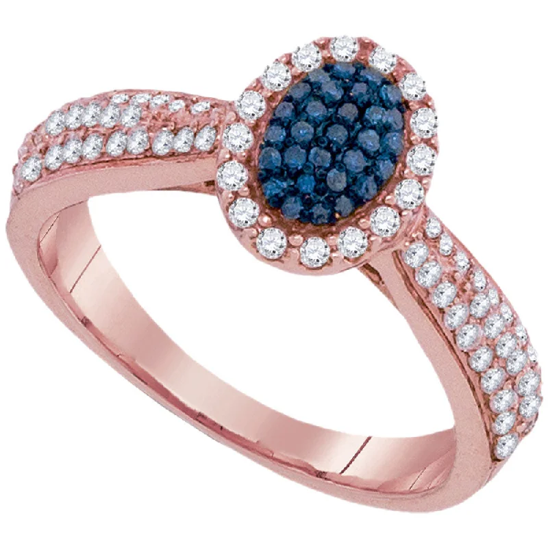 Heaped birthstone ring-10kt Rose Gold Womens Round Blue Color Enhanced Diamond Oval Frame Cluster Ring 1/2 Cttw