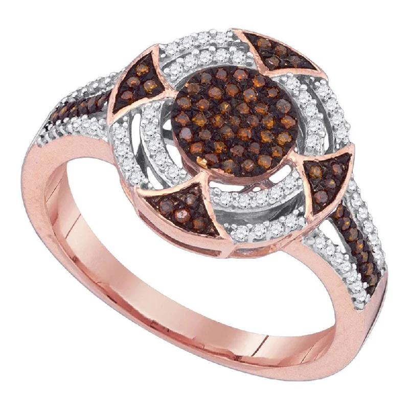 Peaked band ring-10kt Rose Gold Womens Round Red Color Enhanced Diamond Circle Cluster Ring 1/3 Cttw