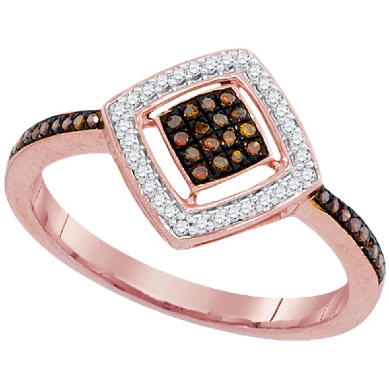 Glimmering cut ring-10kt Rose Gold Womens Round Red Color Enhanced Diamond Diagonal Square Cluster Ring 1/5 Cttw