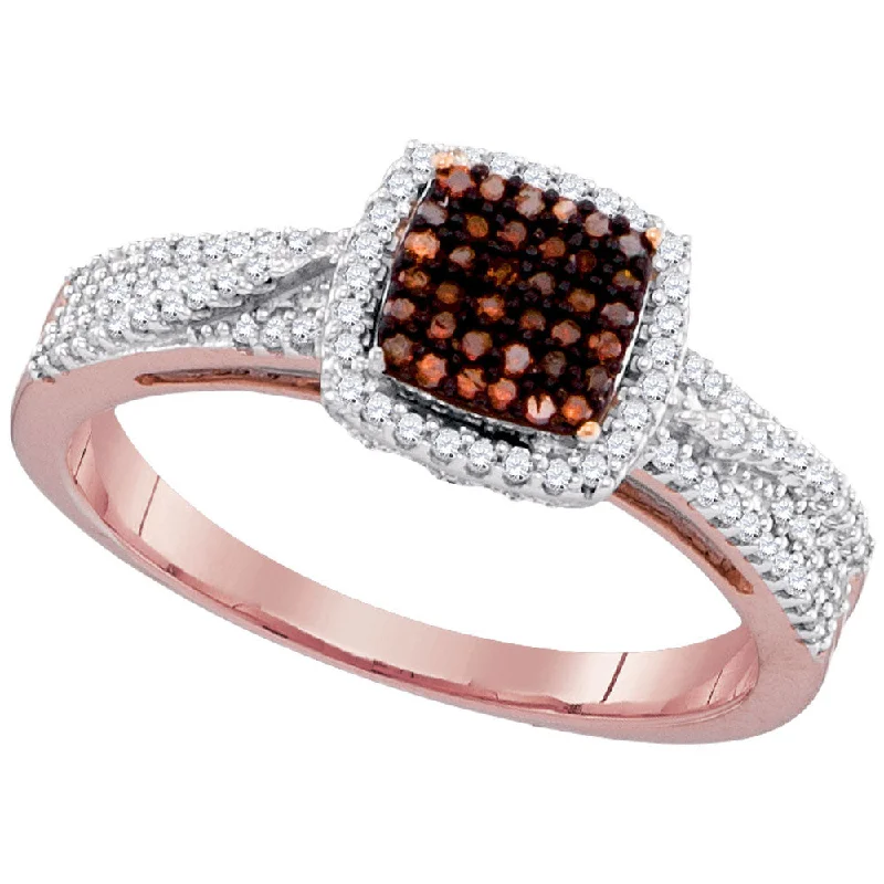 Rich moonstone ring-10kt Rose Gold Womens Round Red Color Enhanced Diamond Square Cluster Ring 1/3 Cttw