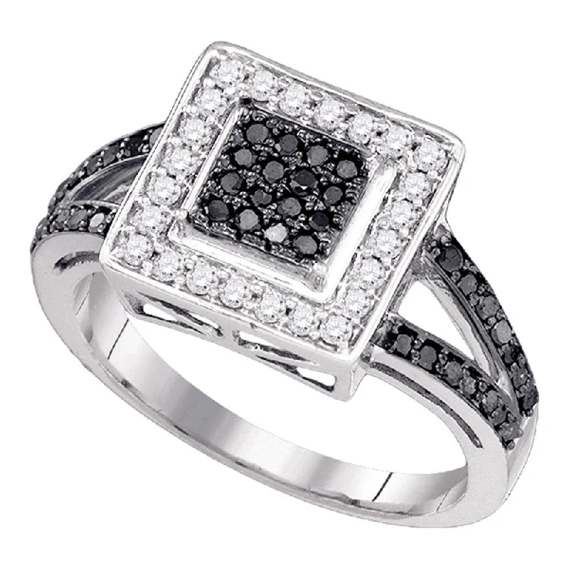 Pine cluster ring-10kt White Gold Womens Round Black Color Enhanced Diamond Square Cluster Ring 1/2 Cttw