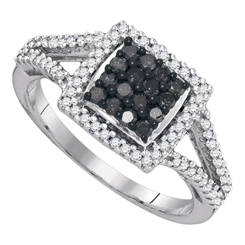 Vibrant bloodstone ring-10kt White Gold Womens Round Black Color Enhanced Diamond Square Frame Cluster Ring 1/2 Cttw