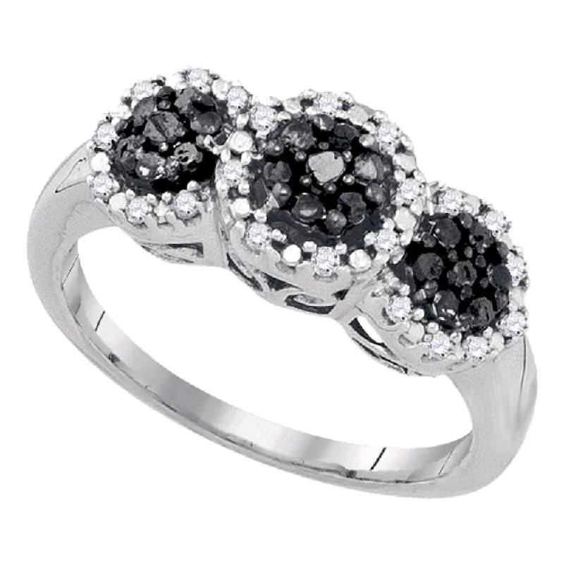 Cloud-cut ring-10kt White Gold Womens Round Black Color Enhanced Diamond Triple Cluster Ring 1/3 Cttw