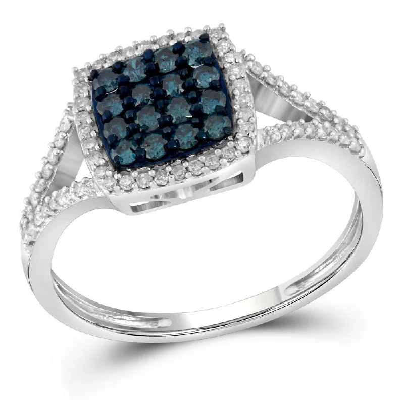 Mottled finish ring-10kt White Gold Womens Round Blue Color Enhanced Diamond Cluster Ring 1/2 Cttw