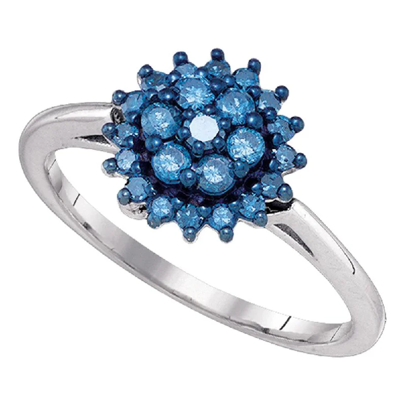 Rich topaz ring-10kt White Gold Womens Round Blue Color Enhanced Diamond Flower Cluster Ring 1/2 Cttw