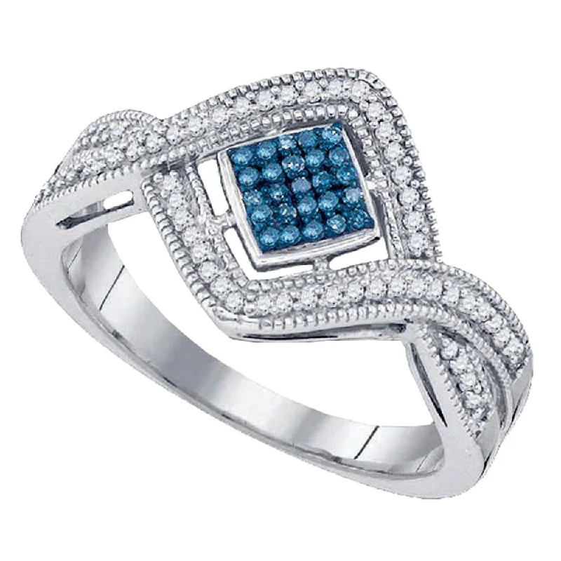 Tide effect ring-10kt White Gold Womens Round Blue Color Enhanced Diamond Square Frame Cluster Ring 1/6 Cttw