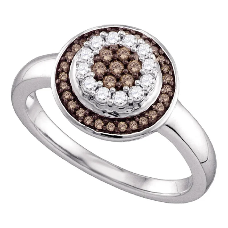 Patinated silver ring-10kt White Gold Womens Round Brown Diamond Cluster Ring 1/3 Cttw