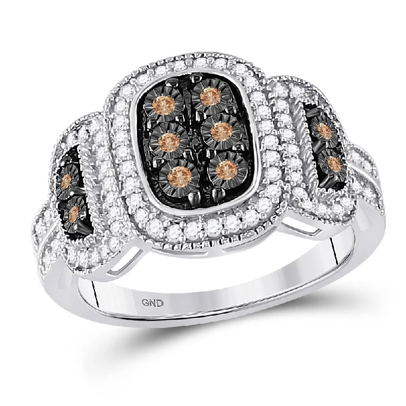 Peak motif ring-10kt White Gold Womens Round Brown Diamond Cluster Ring 1/3 Cttw