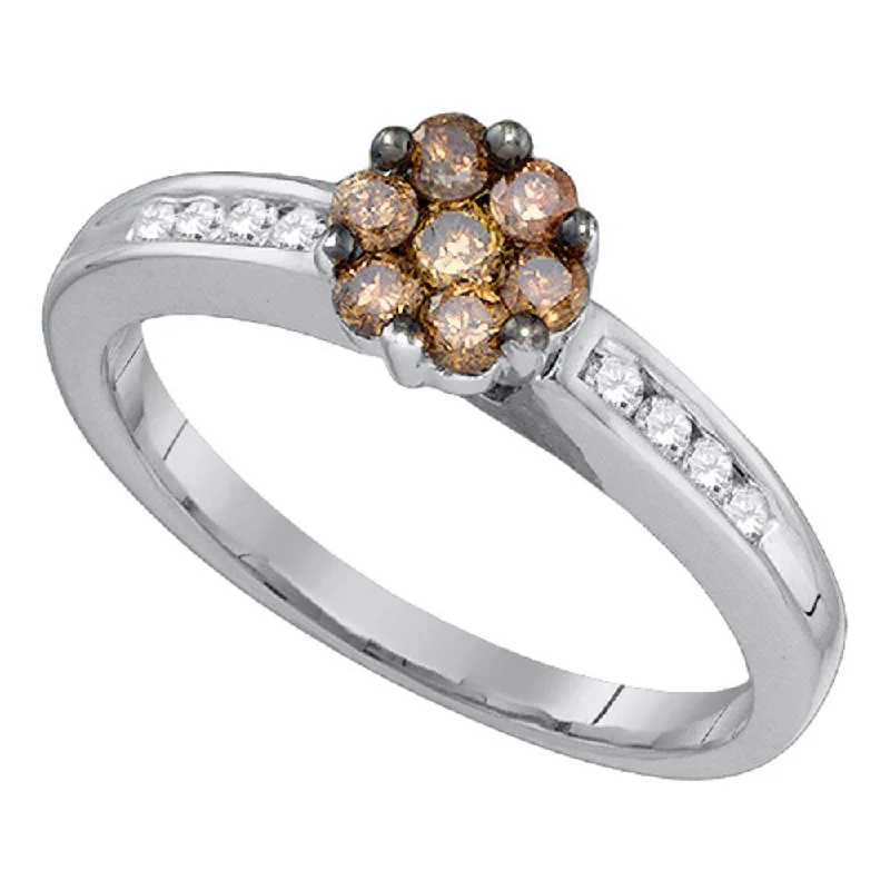 Hand-carved ring-10kt White Gold Womens Round Brown Diamond Flower Cluster Ring 1/2 Cttw