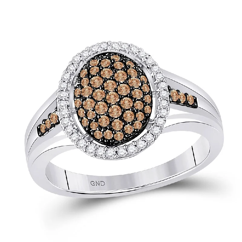 Striated design ring-10kt White Gold Womens Round Brown Diamond Oval Cluster Ring 1/2 Cttw