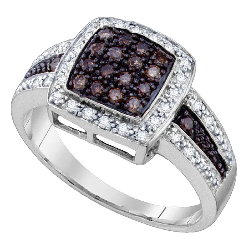 Cloud-cut ring-10kt White Gold Womens Round Brown Diamond Square Cluster Ring 1/2 Cttw