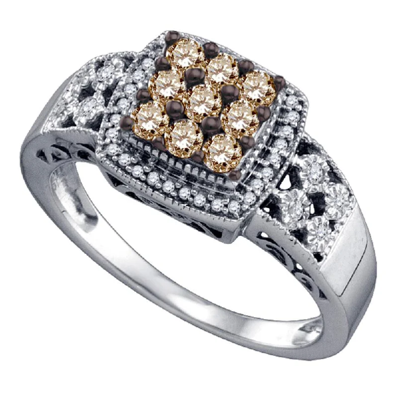 Delicate weave ring-10kt White Gold Womens Round Brown Diamond Square Cluster Ring 1/2 Cttw