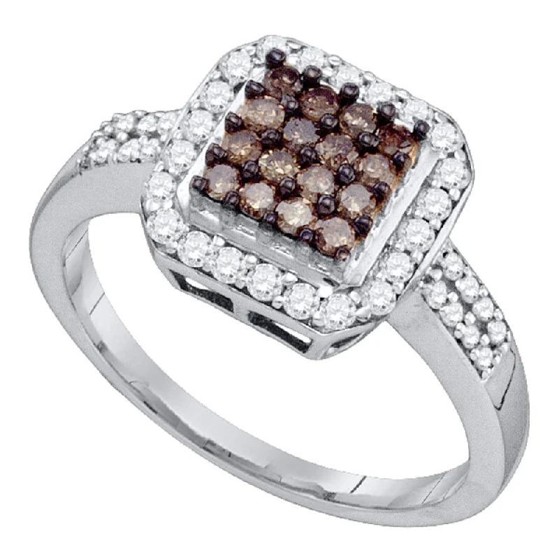 Rich emerald ring-10kt White Gold Womens Round Brown Diamond Square Cluster Ring 1/2 Cttw