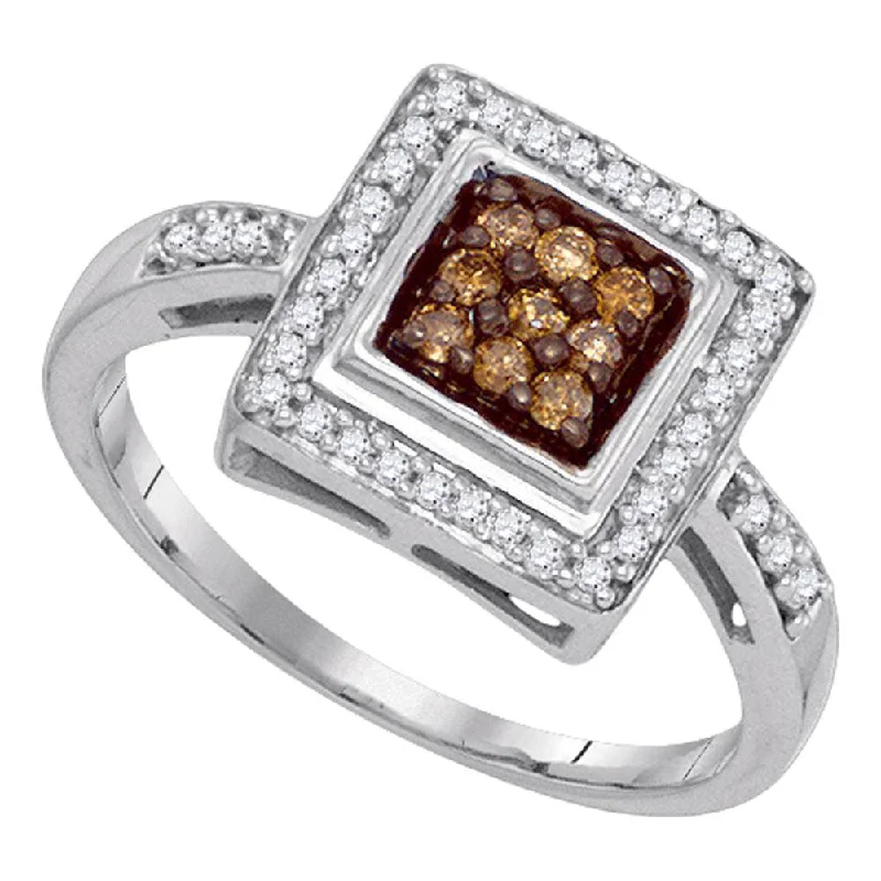 Glossy gem ring-10kt White Gold Womens Round Brown Diamond Square Frame Cluster Ring 1/4 Cttw