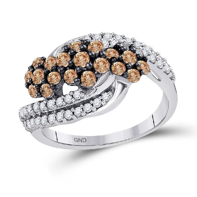 Stem-twist ring-10kt White Gold Womens Round Brown Diamond Triple Cluster Ring 7/8 Cttw