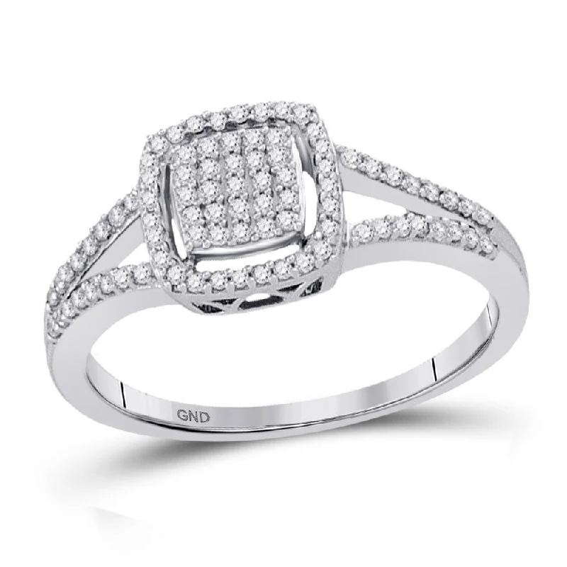 Worn-edge ring-10kt White Gold Womens Round Diamond Square Cluster Split-shank Ring 1/4 Cttw