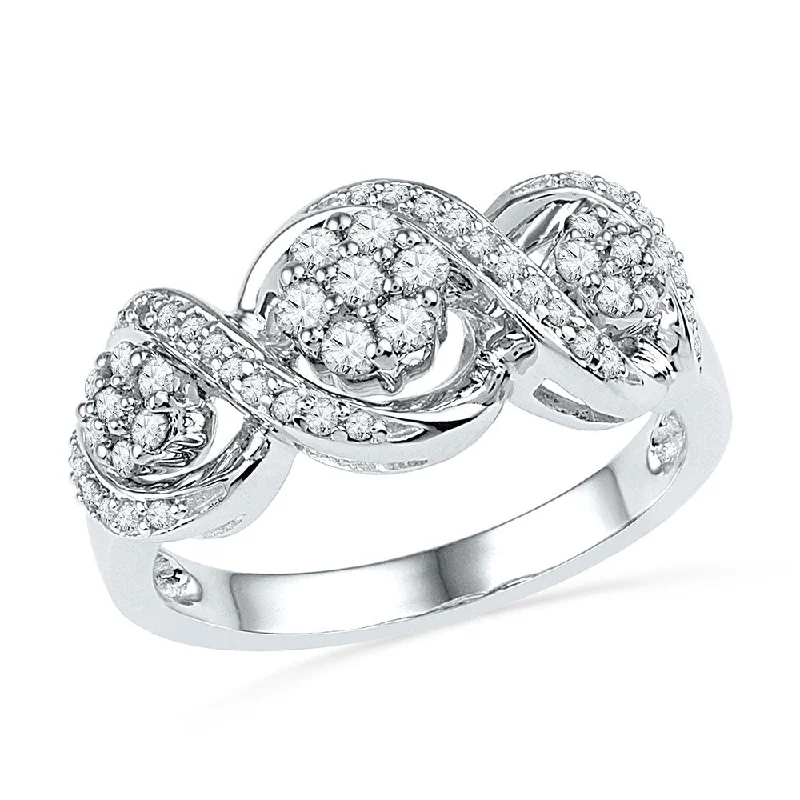 Flat-set stone ring-10kt White Gold Womens Round Diamond Triple Flower Cluster Ring 1/3 Cttw