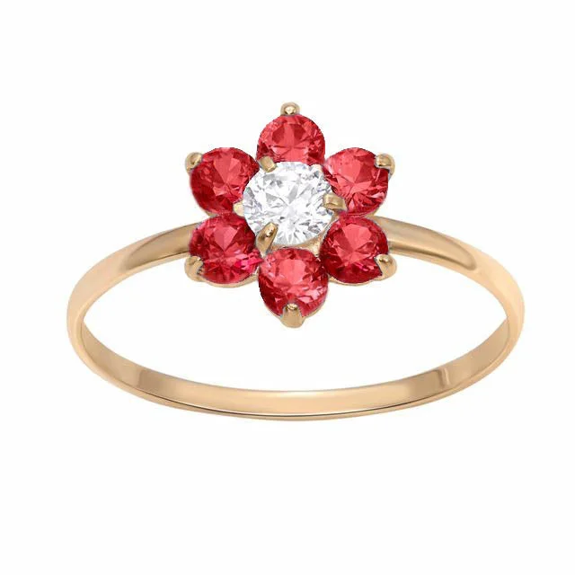 Peak motif ring-10KT Yellow Gold Ruby Childrens Birthstone Flower Ring; Size 3