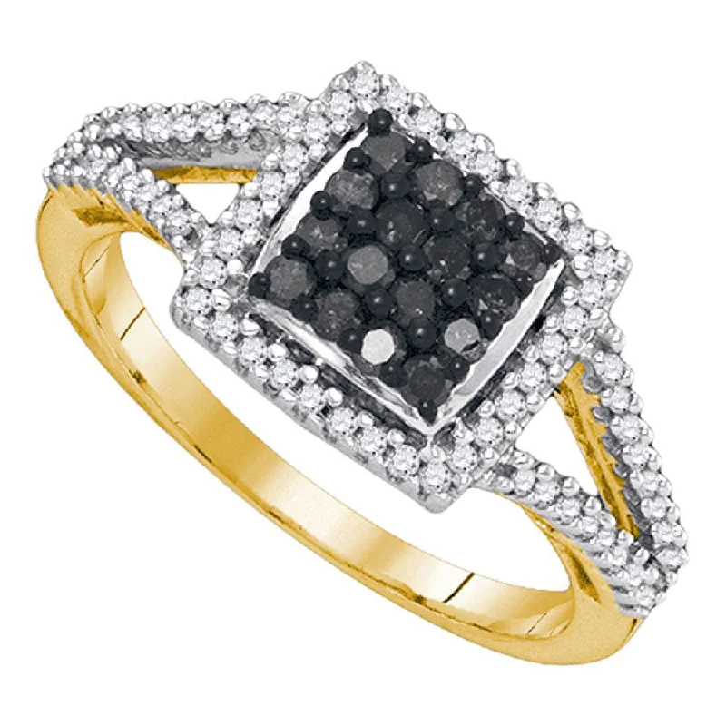 Coarse sapphire ring-10kt Yellow Gold Womens Round Black Color Enhanced Diamond Square Frame Cluster Ring 1/2 Cttw