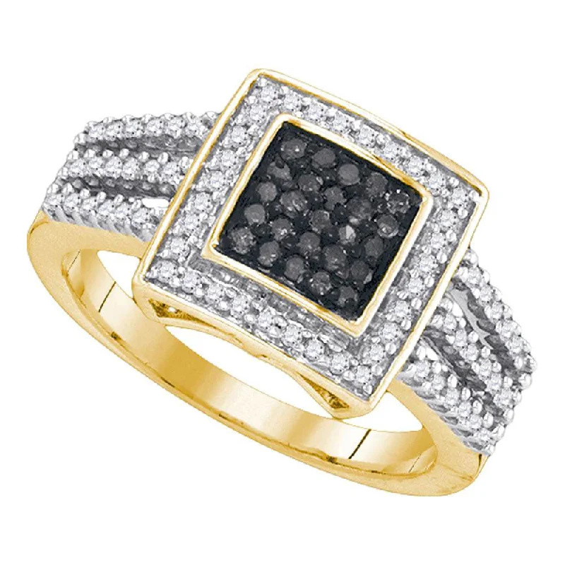 Arcing design ring-10kt Yellow Gold Womens Round Black Color Enhanced Diamond Square Frame Cluster Ring 1/2 Cttw