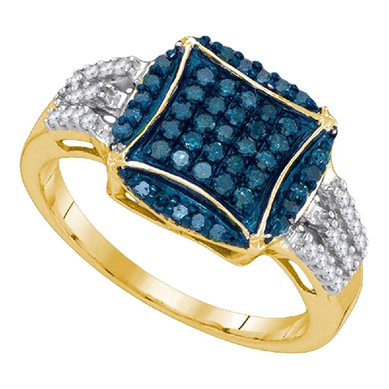 Bright diamond ring-10kt Yellow Gold Womens Round Blue Color Enhanced Diamond Circle Cluster Ring 1/2 Cttw