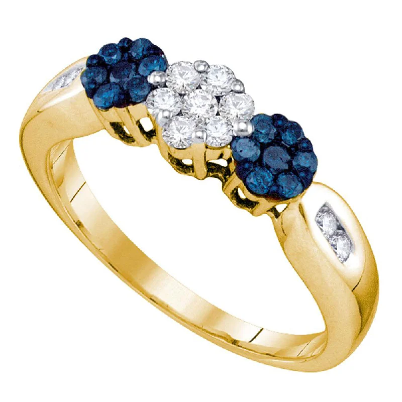 Knitted ring-10kt Yellow Gold Womens Round Blue Color Enhanced Diamond Cluster Ring 1/2 Cttw