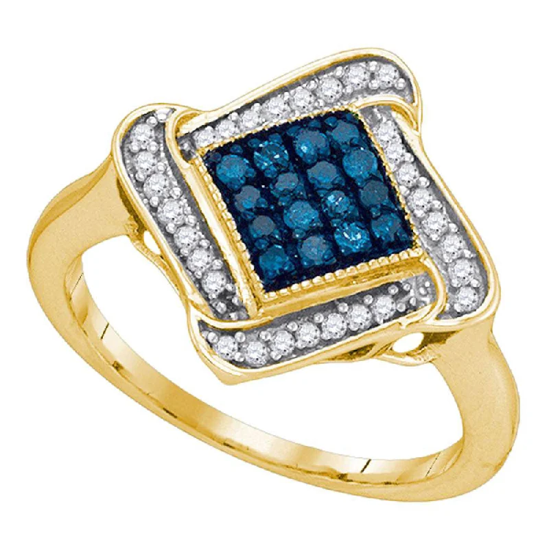 Deep-set ring-10kt Yellow Gold Womens Round Blue Color Enhanced Diamond Cluster Ring 1/3 Cttw