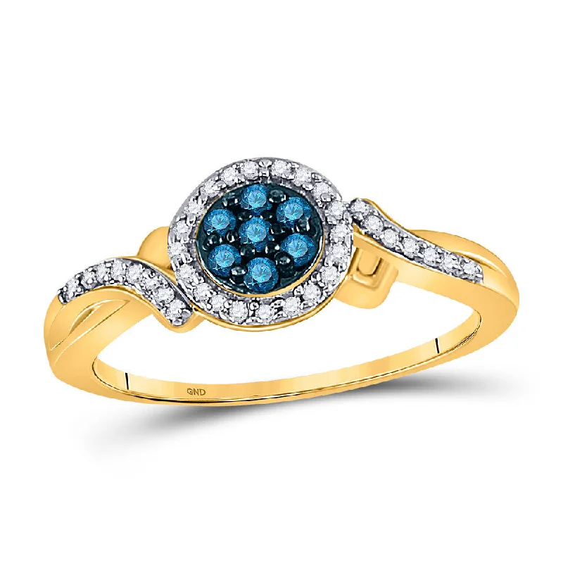 Streaked stone ring-10kt Yellow Gold Womens Round Blue Color Enhanced Diamond Cluster Ring 1/4 Cttw