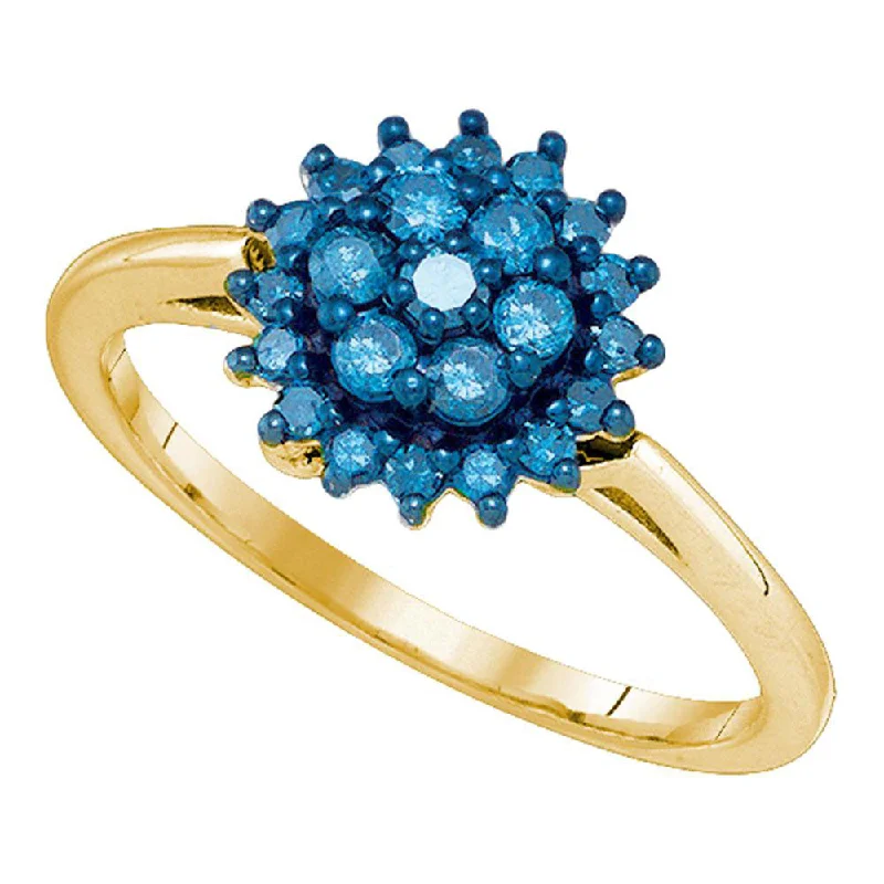 Peaked band ring-10kt Yellow Gold Womens Round Blue Color Enhanced Diamond Flower Cluster Ring 1/2 Cttw