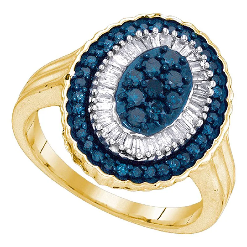 Vivid emerald ring-10kt Yellow Gold Womens Round Blue Color Enhanced Diamond Oval Frame Cluster Ring 3/4 Cttw