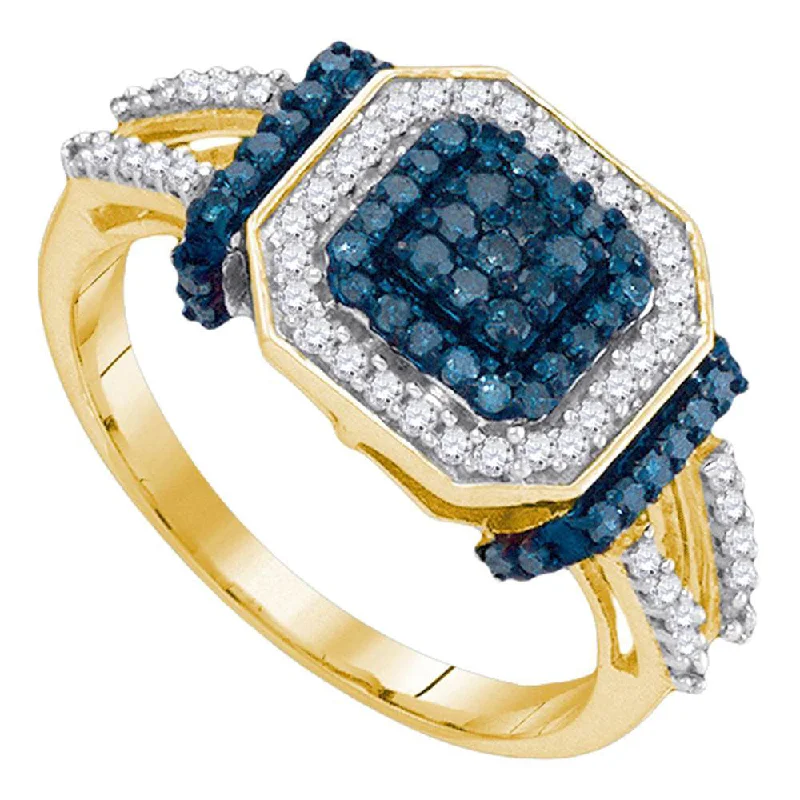 Scarred ring-10kt Yellow Gold Womens Round Blue Color Enhanced Diamond Square Cluster Ring 1/2 Cttw