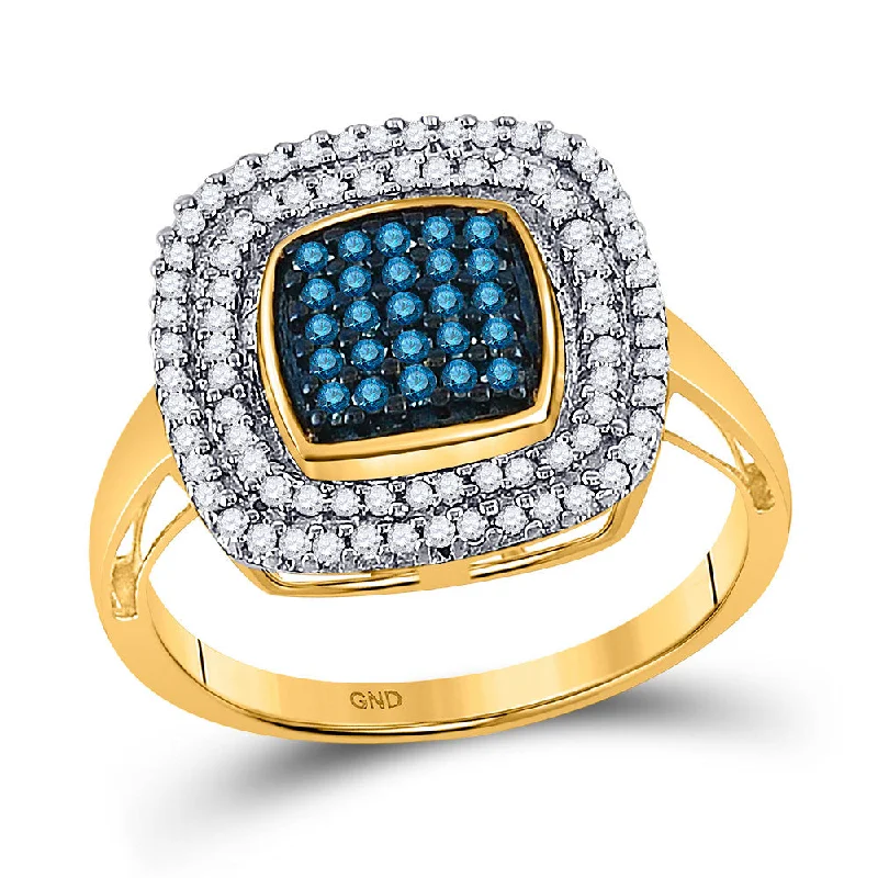 Lifted stone ring-10kt Yellow Gold Womens Round Blue Color Enhanced Diamond Square Frame Cluster Ring 1/2 Cttw