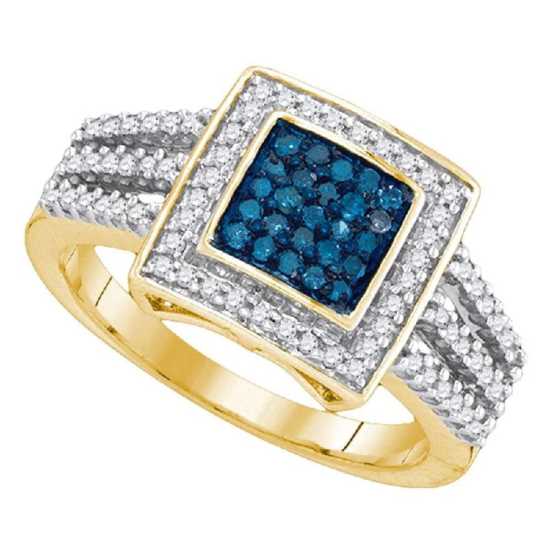 Chilly aquamarine ring-10kt Yellow Gold Womens Round Blue Color Enhanced Diamond Square Ring 1/2 Cttw