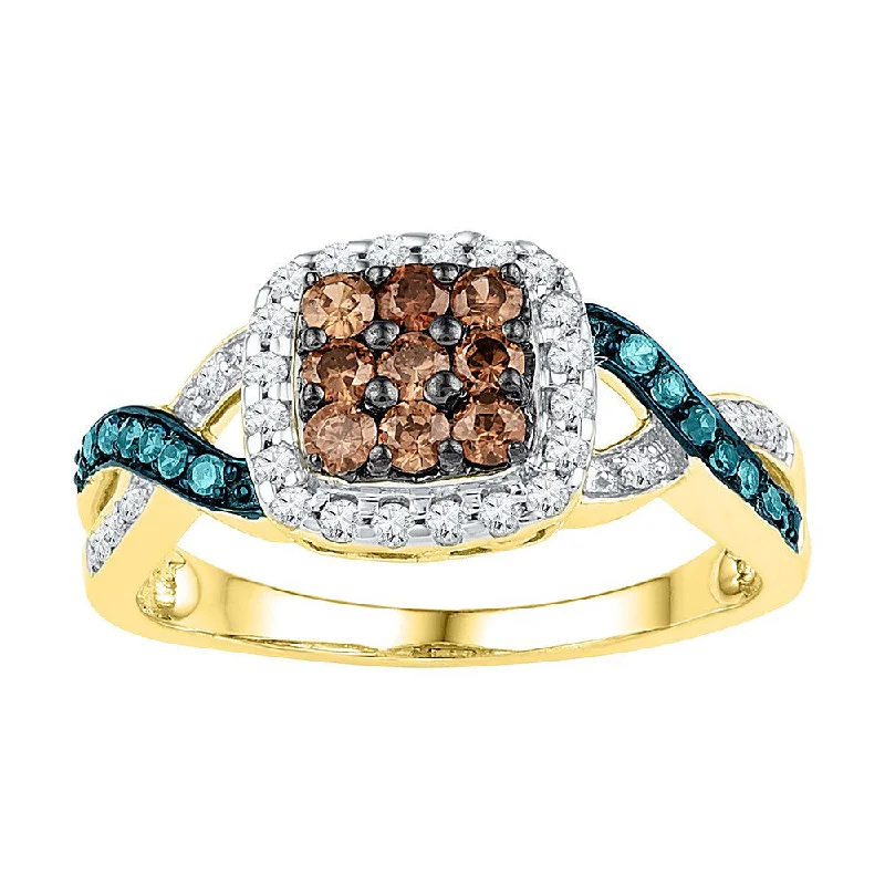 Forged gold ring-10kt Yellow Gold Womens Round Brown Blue Color-Enhanced Diamond Square Ring 1/2 Cttw