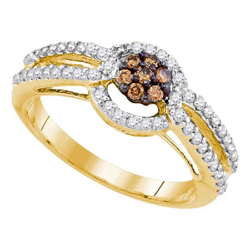 Lone pearl ring-10kt Yellow Gold Womens Round Brown Diamond Cluster Ring 1/2 Cttw