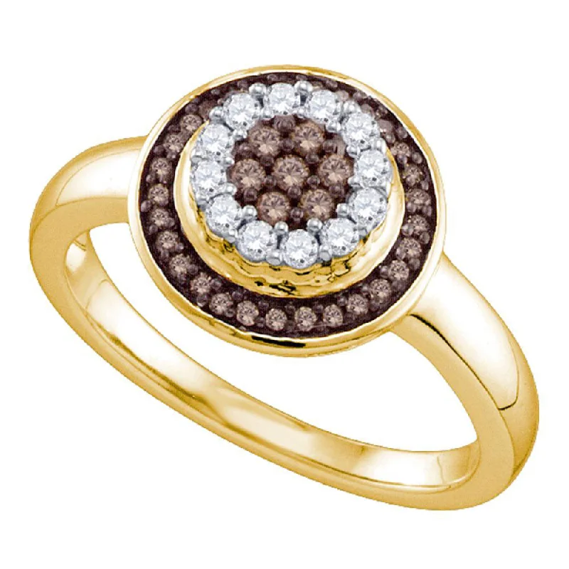 Streaked stone ring-10kt Yellow Gold Womens Round Brown Diamond Cluster Ring 1/3 Cttw