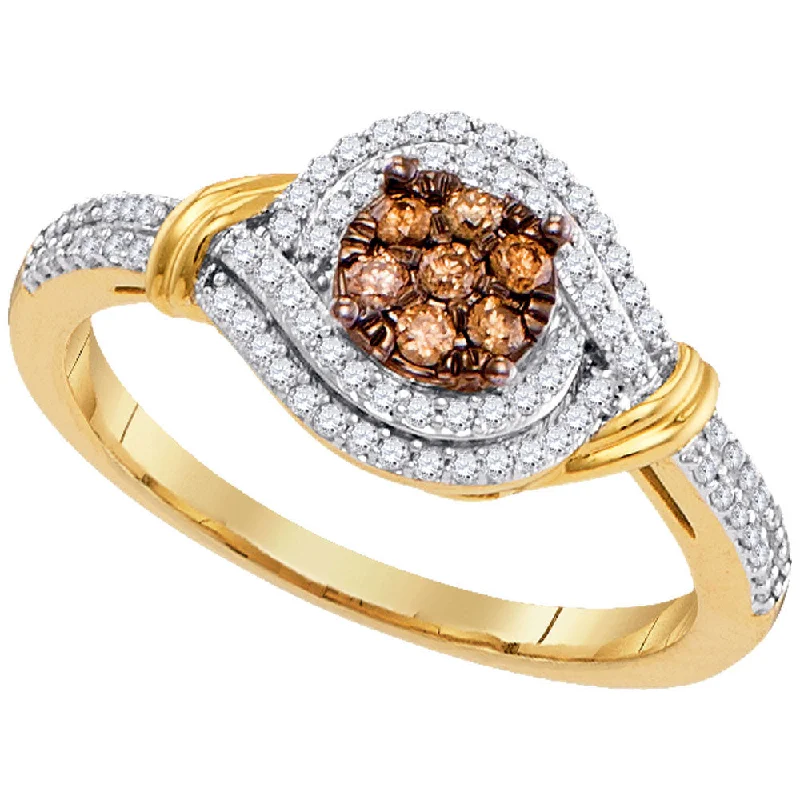 Light-etched ring-10kt Yellow Gold Womens Round Brown Diamond Cluster Ring 1/3 Cttw