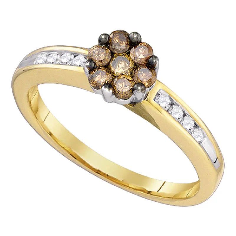 Offset design ring-10kt Yellow Gold Womens Round Brown Diamond Flower Cluster Ring 1/2 Cttw