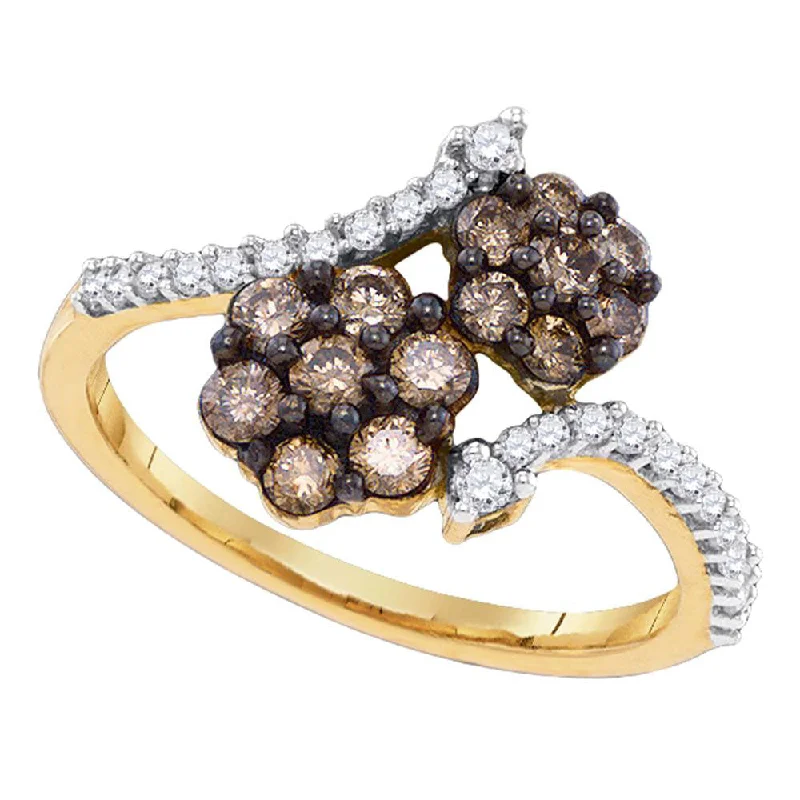 Bold tier ring-10kt Yellow Gold Womens Round Brown Diamond Flower Cluster Ring 3/4 Cttw