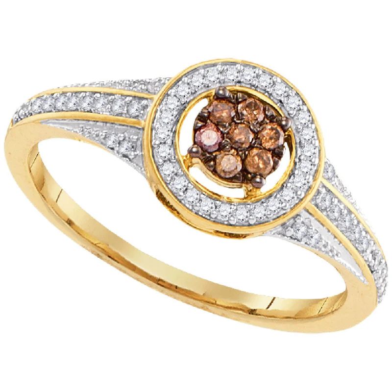 Locked ring-10kt Yellow Gold Womens Round Brown Diamond Framed Cluster Ring 1/4 Cttw