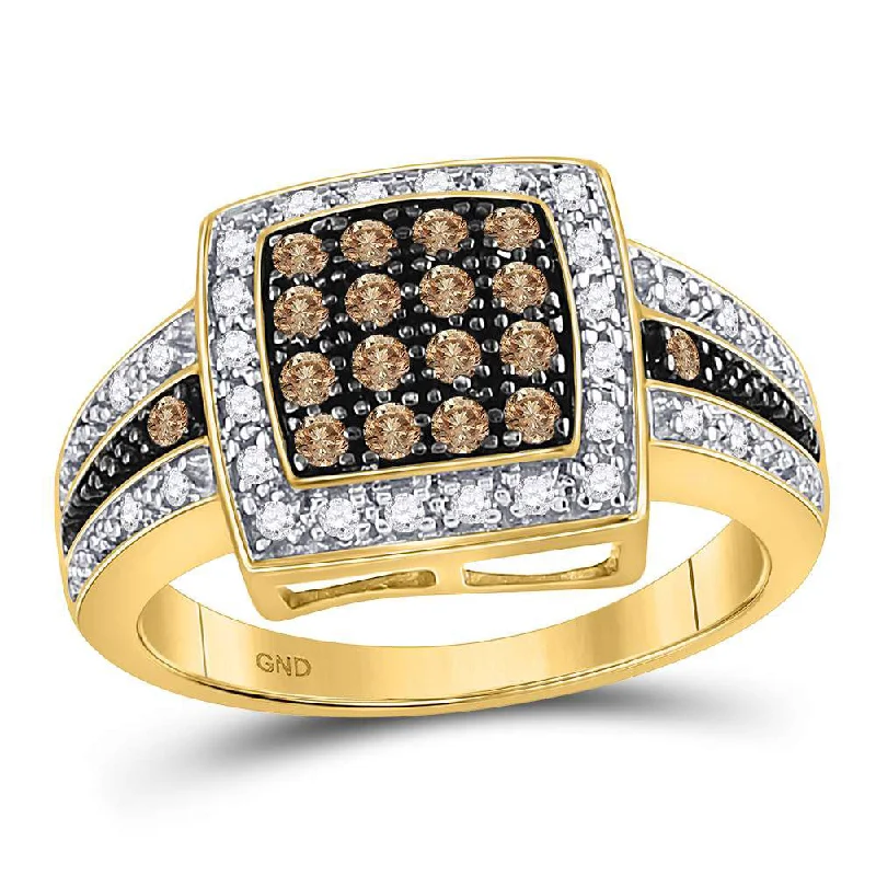 Optic ring-10kt Yellow Gold Womens Round Brown Diamond Square Cluster Ring 1/2 Cttw