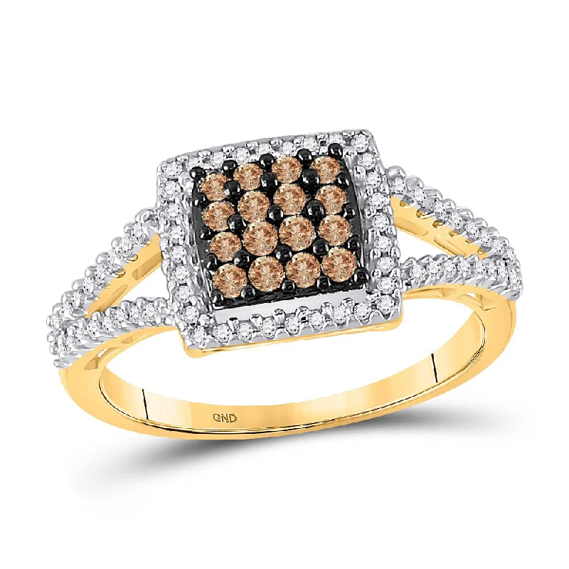 Offset design ring-10kt Yellow Gold Womens Round Brown Diamond Square Cluster Ring 1/2 Cttw