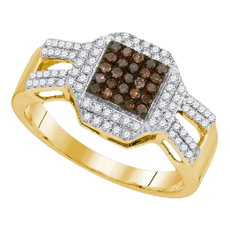 Carved gem ring-10kt Yellow Gold Womens Round Brown Diamond Square Cluster Ring 3/8 Cttw