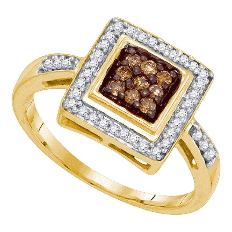 Edge-set ring-10kt Yellow Gold Womens Round Brown Diamond Square Frame Cluster Ring 1/4 Cttw