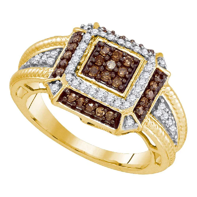 Bold tier ring-10kt Yellow Gold Womens Round Brown Diamond Square Frame Cluster Roped Ring 1/2 Cttw