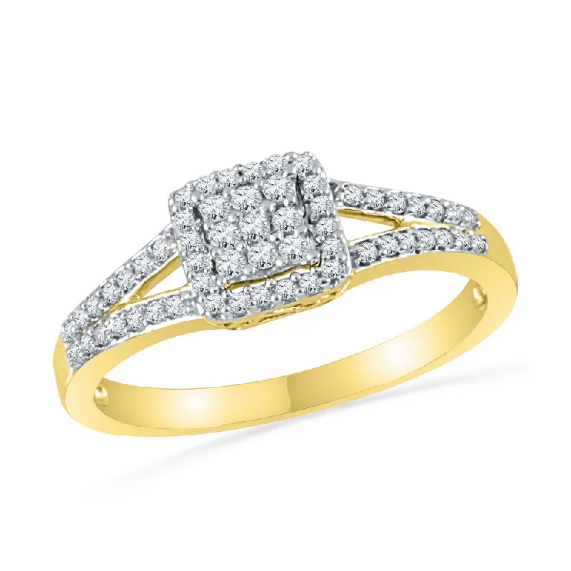 Open coil ring-10kt Yellow Gold Womens Round Diamond Square Cluster Split-shank Ring 1/4 Cttw