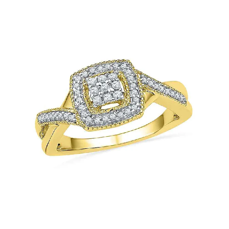 Shiny gold ring-10kt Yellow Gold Womens Round Diamond Square Frame Cluster Twist Ring 1/5 Cttw